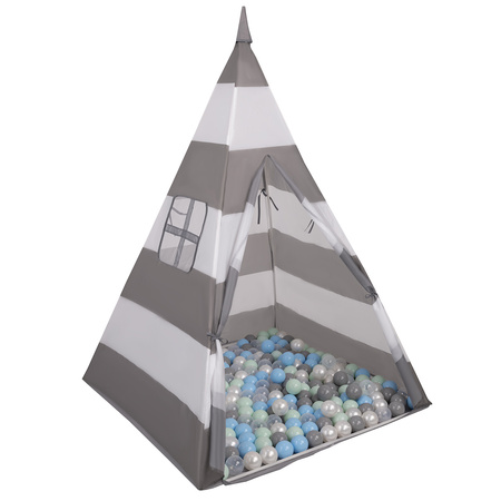 Tipi Spielzelt mit Bälle Indianerzelt für Kinder Kinderzimmer Zelt, grauweißStreifen:perle/grau/transparent/bblau/mint, 200 Bälle