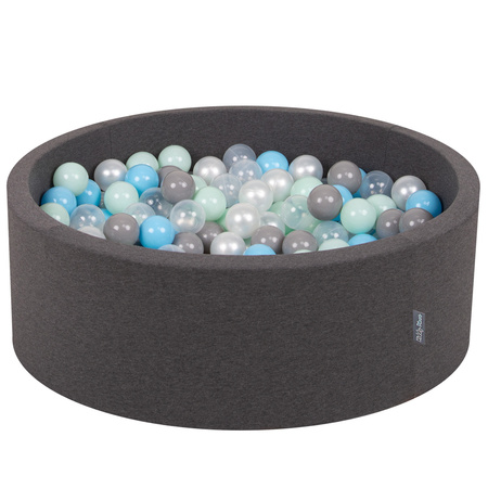KiddyMoon Bällebad Bällepool mit bunten Bällen ∅ 7Cm  für Babys Kinder Rund, dunkelgrau:perle/grau/transparent/baby blue/minze, 90x30cm/300 Bälle