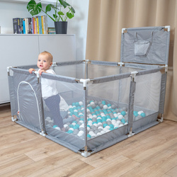 Laufstall mit Korb und Bällen Laufgitter für Kinder, Grau:grau/weiß/türkis, 400 Bälle