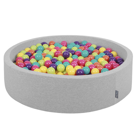 KiddyMoon Rund Bällebad Bällepool ∅ 7Cm Ballgruben Bunten Bällen Für Babys Spielbad Kleinkinder, Hergestellt in der EU, hellgrau:hellgrün-gelb-türkis-orange-dunkelpink-violett, 120x30cm/300 Bälle