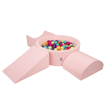KiddyMoon Spielplatz aus Schaumstoff mit Bällebad und Bällen Hindernisläufen, pink:hellgrün/gelb/türkis/orange/dunkelpink/violett, Bällebad (300 Bälle) + Version 4