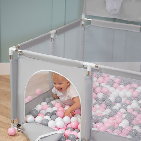 Laufstall mit Korb und Bällen Laufgitter für Kinder, Grau:weiß/grau/puderrosa, 200 Bälle