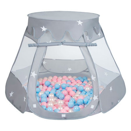 Baby Spielzelt Mit Plastikbällen Für Kinder Leicht Und Kompakt Ideal Für Drinnen Und Draußen Fördert Sensorische Integration Schneller Aufbau, grau:babyblue/puderrosa/perle, 100 Stück