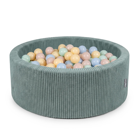 KiddyMoon Bällebad für Kinder aus Schaumstoff, weicher Rippbezug, abnehmbarer Bezug, waschbar, Grün: Pastellbeige/Pastellblau/Pastellgelb/Minze, 90 x 30 cm 200 Bälle
