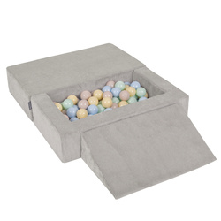 KiddyMoon Kindersofa Modular mit Weichem Zwickel und Bällen Für Kinderzimmer Bequem Vielseitig Gerippter Stoff Abnehmbarer Bezug Perfekt zum Spielen und Entspannen, hellgrau: pastellbeige/pastellblau/pastellgelb/minze, Sofa/Zwickel + 100 Bälle