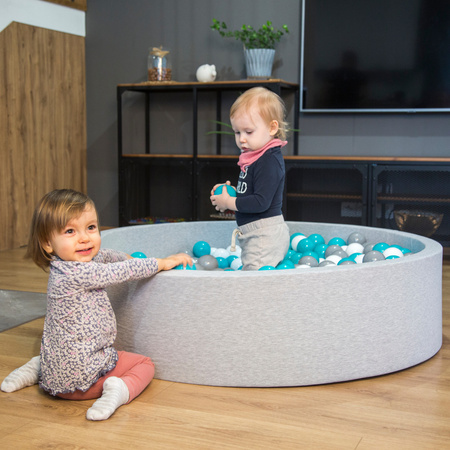 KiddyMoon Bällebad Bällepool mit bunten Bällen ∅ 7Cm für Babys Kinder Rund, hellgrau:grau/weiß/türkis, 90 x 30 cm 300 Bälle