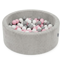 KiddyMoon Bällebad für Kinder aus Schaumstoff, 90 x 30 cm, weicher Rippbezug, abnehmbarer Bezug, weiches und sicheres Spielzeug, waschbar, Hellgrau: Weiß/Grau/Puderrosa, 90 x 30 cm 200 Bälle