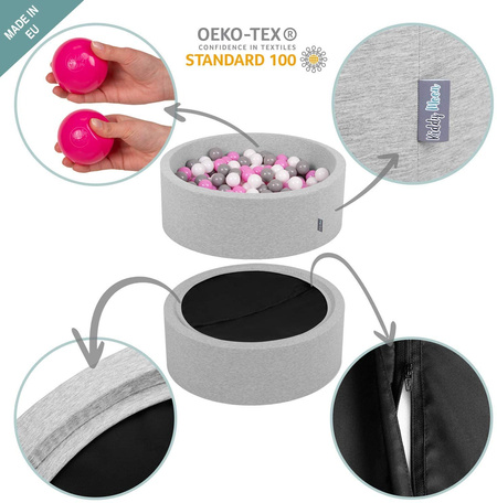 KiddyMoon Bällebad Bällepool mit bunten Bällen ∅ 7Cm  für Babys Kinder Rund, hellgrau:dunkeltürkis/pastellbeige/weiß/minze, 90x30cm/300 Bälle