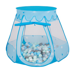Baby Spielzelt mit Plastikbällen für Kinder Leicht und Kompakt Ideal für Drinnen und Draußen, blau: perlgrau-transparent-babyblau-mint, 100 Stück