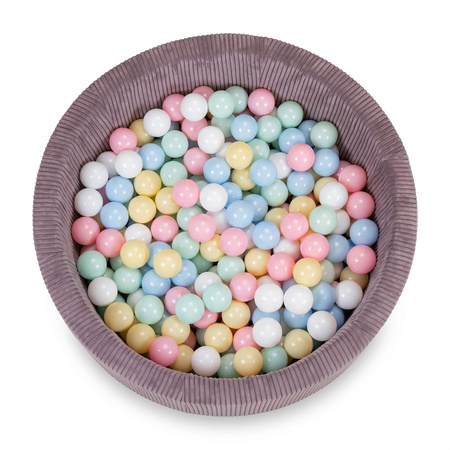 KiddyMoon Bällebad für Kinder aus Schaumstoff, 90 x 30 cm, weicher Rippbezug, abnehmbarer Bezug, weiches und sicheres Spielzeug, waschbar, Violett: Pasteblau/Pastegelb/Weiß/Minze/Puderrosa, 90 x 30 cm 200 Bälle