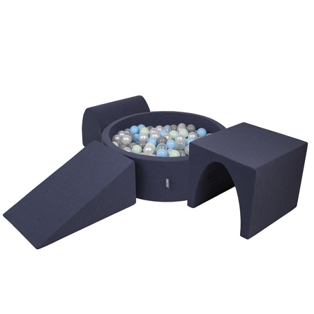 KiddyMoon Spielplatz aus Schaumstoff mit Bällebad und Bällen Hindernisläufen, dunkelblau:perle/grau/transparent/babyblue/minze, Bällebad (200 Bälle) + Version 2