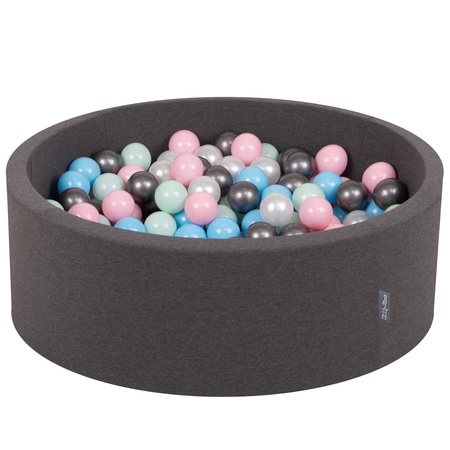KiddyMoon Bällebad Bällepool mit bunten Bällen ∅ 7Cm  für Babys Kinder Rund, dunkelgrau:perle/rosa/baby blue/minze/silber, 90x30cm/300 Bälle