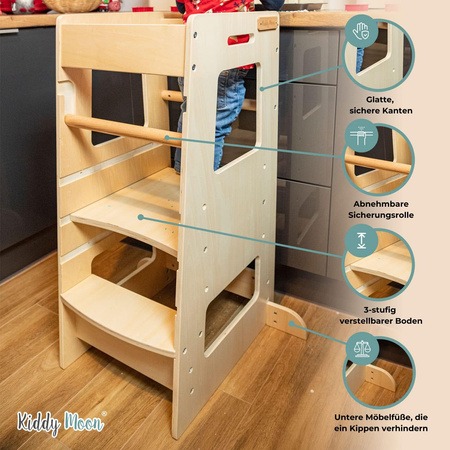 KiddyMoon Lernturm für Kinder ab 1 Jahr, Anti Kipp Schutz, Höhenverstellbar (3-stufiger), Montessori Learning Tower, Küchenhelfer, Höchste Sicherheit, inkl. Montagezubehör, Modell ST-003, Weiß, 91,5x39,3x49,4