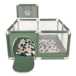 Laufstall mit Korb und Bällen Laufgitter für Kinder, grün:dunkeltürkis/pastellbeige/perle, 200 Bälle