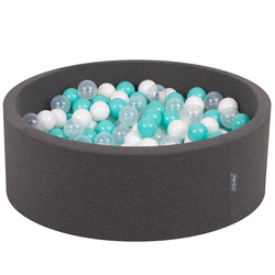 KiddyMoon Bällebad Bällepool mit bunten Bällen ∅ 7Cm  für Babys Kinder Rund, dunkelgrau:helltürkis/weiß/transparent, 90x30cm/300 Bälle