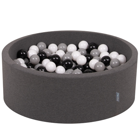 KiddyMoon Bällebad Bällepool mit bunten Bällen ∅ 7Cm  für Babys Kinder Rund, dunkelgrau:weiß/schwarz/grau, 90x30cm/300 Bälle