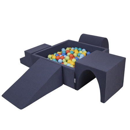 KiddyMoon Spielplatz aus Schaumstoff mit Quadrat Bällebad Bälle Hindernisläufen, dunkelblau:hellgrün/orange/türkis/blau/bblue/gelb, Bällebad (300 Bälle) + Version 3