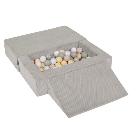 KiddyMoon Kindersofa Modular mit Weichem Zwickel und Bällen Für Kinderzimmer Bequem Vielseitig Gerippter Stoff Abnehmbarer Bezug Perfekt zum Spielen und Entspannen, hellgrau: pastellbeige/grüngrau/pastellgelb/weiß, Sofa/Zwickel + 100 Bälle