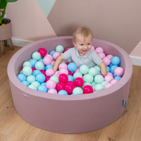 KiddyMoon Rundes Bällebad mit Bällen für Baby aus Schaumstoff, erikafarben: puderrosa/dunkelpink/babyblue/minze, 90 x 30 cm 200 Bälle