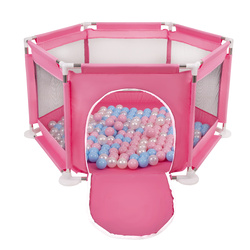 Sechseckiger Laufstall mit Bällen Laufgitter für Kinder, Rosa:babyblau/puderrosa/perle, 200 Bälle