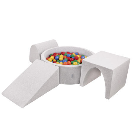 KiddyMoon Spielplatz aus Schaumstoff mit Bällebad und Bällen Hindernisläufen, hellgrau:gelb/grün/blau/rot/orange, Bällebad (200 Bälle) + Version 2