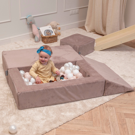KiddyMoon Kindersofa und Bällen Für Kinder Weiches Schaumstoff-Sofa Leich Modulares Sofa Vielseitig Abnehmbarer Bezug Perfekt für Spiel Lernen und Entspannung, dunkelbeige: pastellbeige/weiß/perle, Sofa + 100 Bälle