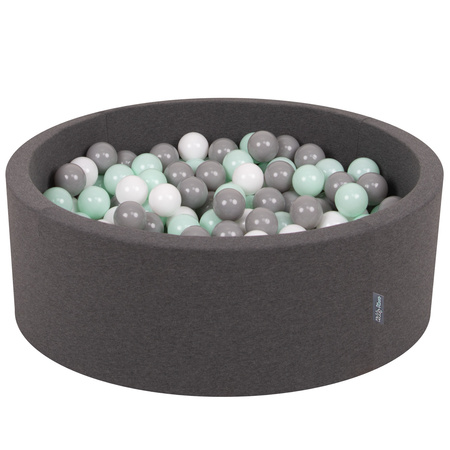 KiddyMoon Bällebad Bällepool mit bunten Bällen ∅ 7Cm  für Babys Kinder Rund, dunkelgrau:weiß/grau/minze, 90x30cm/300 Bälle