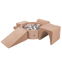 KiddyMoon Spielplatz Velvet Aus Schaumstoff Mit Samt Rund Bällebad Ballgruben Für Babys Spielbad Hindernisläufen, Hergestellt In Der EU, wüstenrosa: pastellbeige/grau/weiß, Bällebad (200 Bälle) + Version 3
