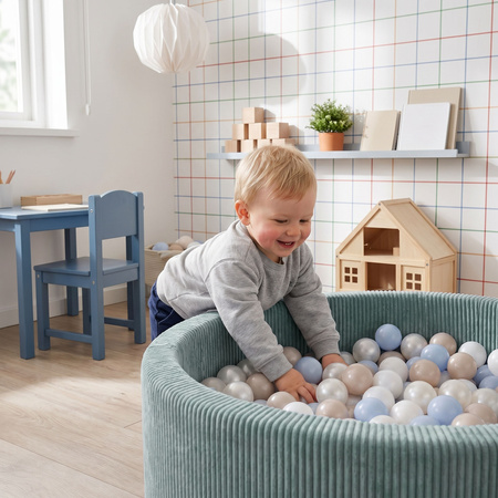 KiddyMoon Bällebad für Kinder aus Schaumstoff, 90 x 30 cm, weicher Rippbezug, abnehmbarer Bezug, weiches und sicheres Spielzeug, waschbar, Grün: Weiß/Grau/Minze, 90 x 30 cm 200 Bälle