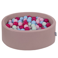 KiddyMoon Rundes Bällebad mit Bällen für Baby aus Schaumstoff, erikafarben: puderrosa/dunkelpink/babyblue/minze, 90 x 30 cm 300 Bälle