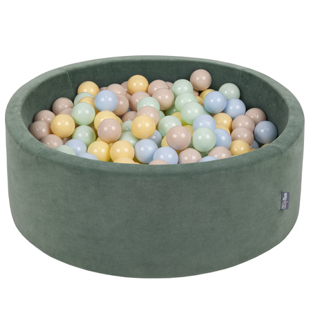 KiddyMoon Rund Bällebad Velvet Bällepool ∅ 7Cm Ballgruben Für Babys Spielbad Kleinkinder, Hergestellt in der EU, waldgrün: pastellbeige/pastellblau/pastellgelb/minze, 90 x 30 cm 200 Bälle