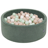 KiddyMoon Rund Bällebad Velvet Bällepool ∅ 7Cm Ballgruben Für Babys Spielbad Kleinkinder, Hergestellt in der EU, waldgrün: pastellbeige/weiß/minze, 90 x 30 cm 200 Bälle