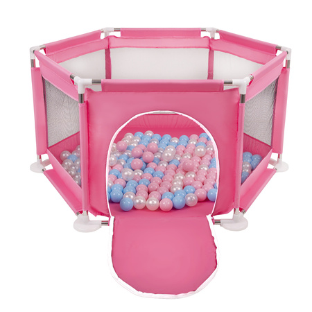 Sechseckiger Laufstall mit Bällen Laufgitter für Kinder, Rosa:babyblau/puderrosa/perle, 200 Bälle