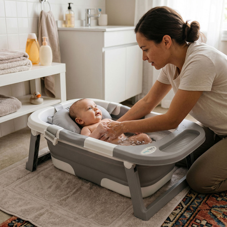 KiddyMoon Faltbare Babybadewanne Kunststoff mit Badekissen, Grau, M