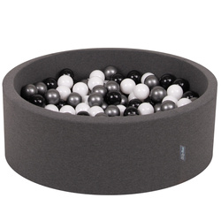 KiddyMoon Bällebad Bällepool mit bunten Bällen ∅ 7Cm  für Babys Kinder Rund, dunkelgrau:weiß/schwarz/silbern, 90x30cm/200 Bälle