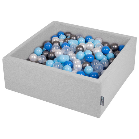 KiddyMoon Bällebad Bällepool mit bunten Bällen ∅ 7Cm  für Babys Kinder Quadrat, hellgrau:perle/blau/baby blau/transparent/silbern, 90x30cm/200 Bälle