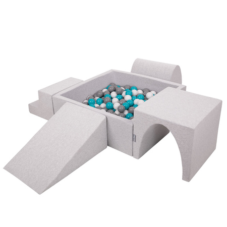KiddyMoon Spielplatz aus Schaumstoff mit Quadrat Bällebad Bälle Hindernisläufen, hellgrau:grau/weiß/türkis, Bällebad (200 Bälle) + Version 3
