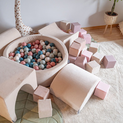 KiddyMoon Rund Bällebad Velvet  ∅ 7Cm, Sandbeige: Dunkeltürkis/Pastellbeige/Grüngrau/Lachsfarbe, 90x30cm/200 Bälle