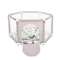 Sechseckiger Laufstall mit Bällen Laufgitter für Kinder, Grau:weiß/grau/minze, 100 Bälle