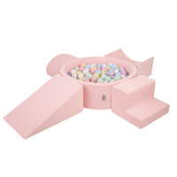 KiddyMoon Spielplatz aus Schaumstoff mit Bällebad und Bällen Hindernisläufen, pink:pastellblau/pastellgelb/weiß/minze/puderrosa, Bällebad (300 Bälle) + Version 5