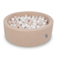 KiddyMoon Bällebad für Baby mit Teddy-Plüsch, Größere 7 cm Bälle für Eine Vollere Füllung, ab 8 Monaten, Abnehmbarer Bezug, Beige: Pastellbeige/Weiß/Perle, 90 x 30 cm 200 Bälle