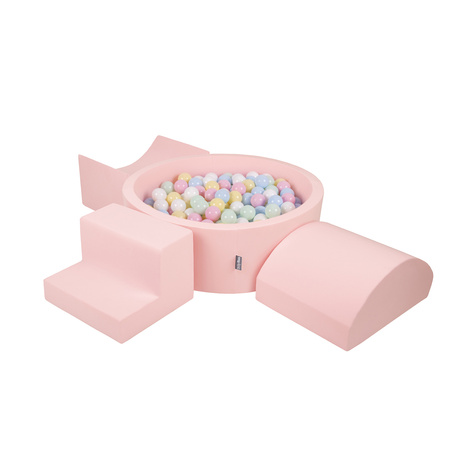 KiddyMoon Spielplatz aus Schaumstoff mit Bällebad und Bälle Hindernisläufen, pink:pastellblau/pastellgelb/weiß/minze/puderrosa, Bällebad (200 Bälle) + Version 6