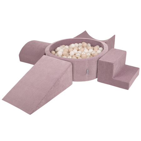 KiddyMoon Spielplatz Aus Schaumstoff Für Kinder mit Bälle Waschbare Bezug, violett: pastellbeige/weiß/perle, Bällebad (200 Bälle) + Version 5