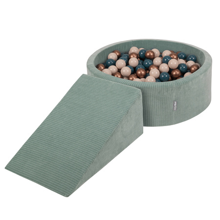 KiddyMoon Spielplatz Aus Schaumstoff Für Kinder mit Bälle Waschbare Bezug, grün: dunkeltürkis/pastellbeige/kupferrot, Bällebad (200 Bälle) + Zwickel