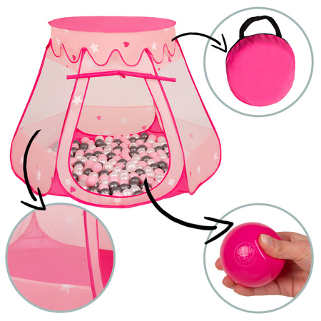Baby Spielzelt Mit Plastikbällen Für Kinder Leicht und Kompakt ideal für Drinnen Und Draußen Fördert Sensorische Integration Schneller Aufbau, pink:perle-grau-transparent-puderrosa, 600 Stück