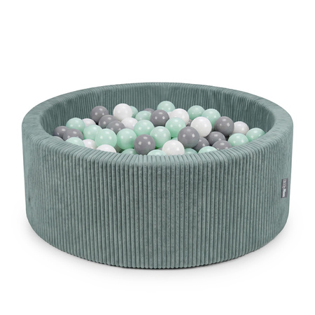 KiddyMoon Bällebad für Kinder aus Schaumstoff, 90 x 30 cm, weicher Rippbezug, abnehmbarer Bezug, weiches und sicheres Spielzeug, waschbar, Grün: Weiß/Grau/Minze, 90 x 30 cm 200 Bälle