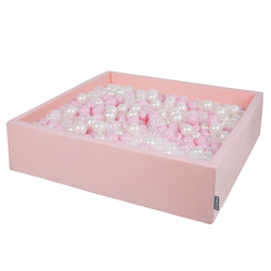 KiddyMoon Quadrat Bällebad Bällepool ∅ 7Cm Eckig Ballgruben Für Babys Spielbad Kleinkinder, Hergestellt in der EU, rosa:puderrosa-perle-transparent, 120x30cm/200 Bälle
