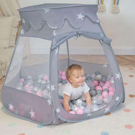 Baby Spielzelt Mit Plastikbällen Für Kinder Leicht und Kompakt ideal für Drinnen Und Draußen Fördert Sensorische Integration Schneller Aufbau, grau:perle-grau-transparent-puderrosa, 100 Bällen