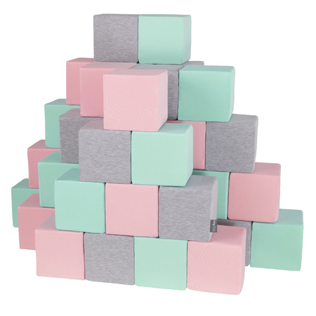 KiddyMoon Weiche Bausteine aus Schaumstoff für Kinder, Blöcke: hellgrau-pink-mint, 48 Stücke