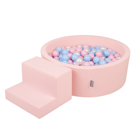 KiddyMoon Spielplatz aus Schaumstoff mit Rund Bällebad (200 Bälle) Ballgruben für Babys Spielbad Hindernisläufen, Hergestellt in der EU, pink:babyblue/puderrosa/perle, Bällebad (100 Bälle) + Stüfchen